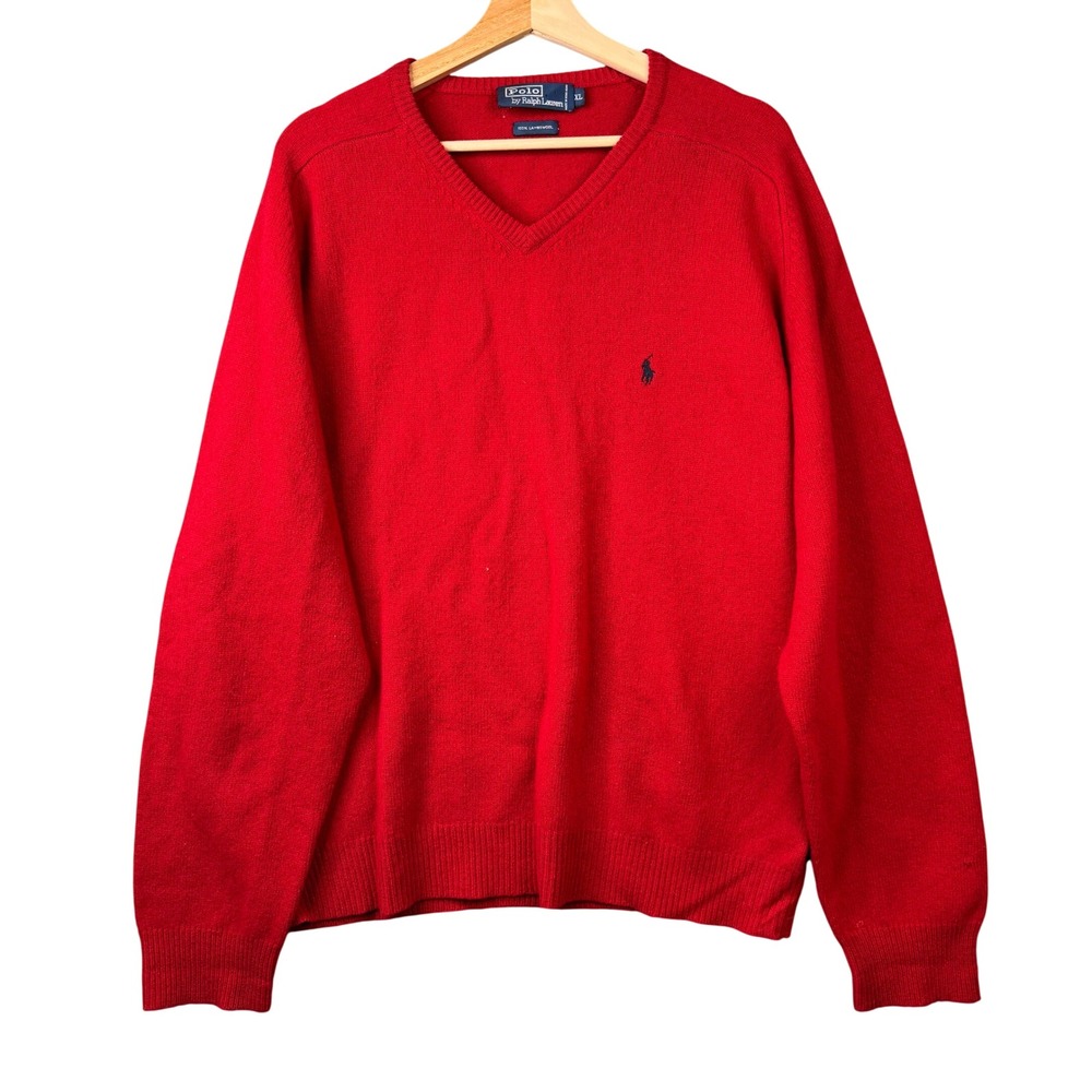 Polo Ralph Lauren Red V-Neck Sweater Mens XL 100% Lambswool Vintage Blue Tag